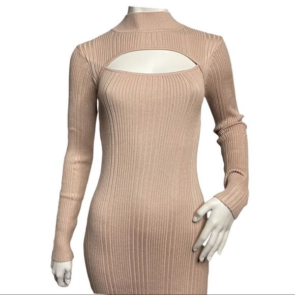 NEW House of Harlow 1960 Revolve Dress Nude Rib Knit Keyhole Bodycon M - Picture 3 of 11